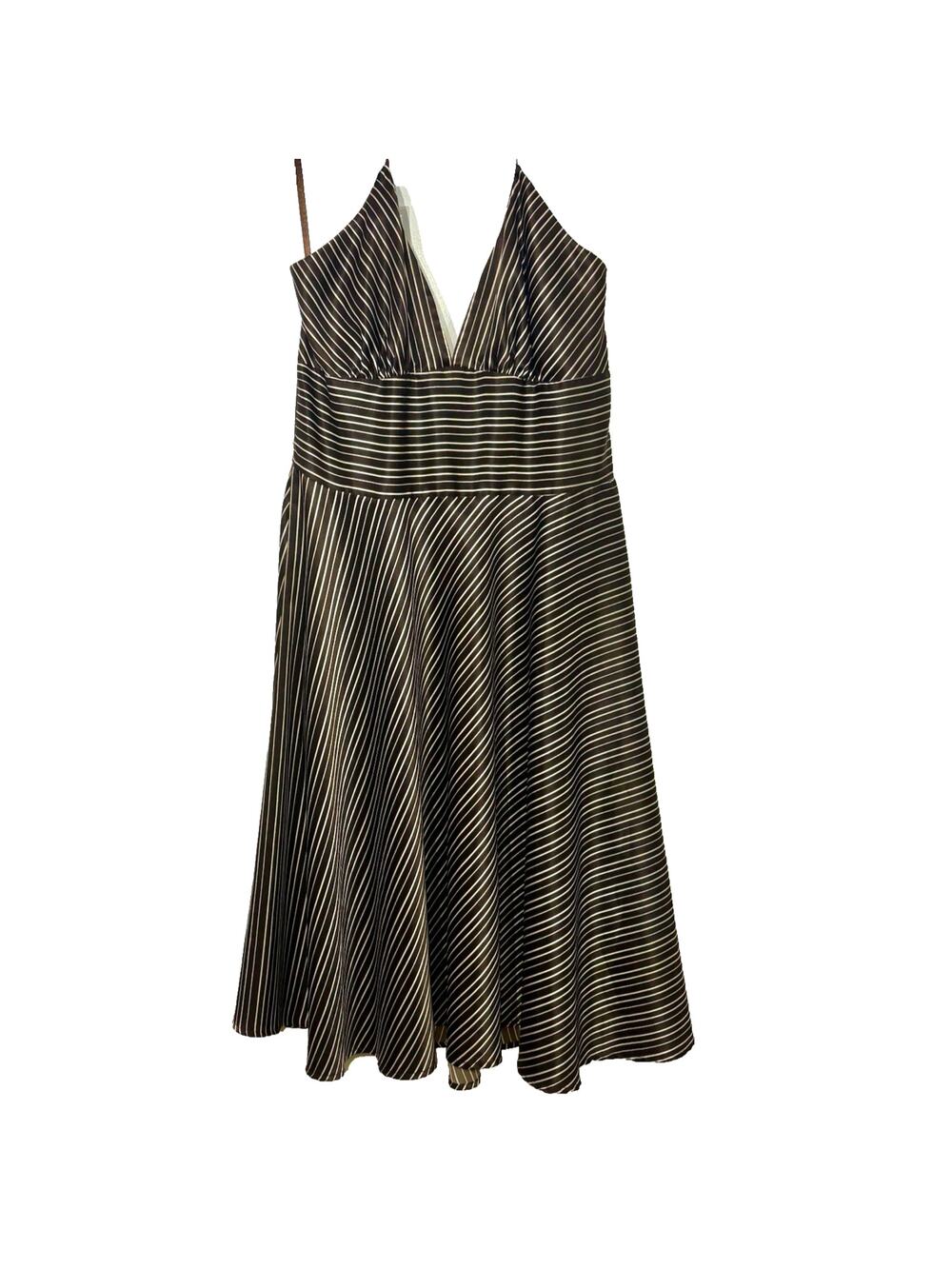 Vtg Y2K Silky Empire Babydoll Halter Dress Sz L Brown White Stripe indie Flirty